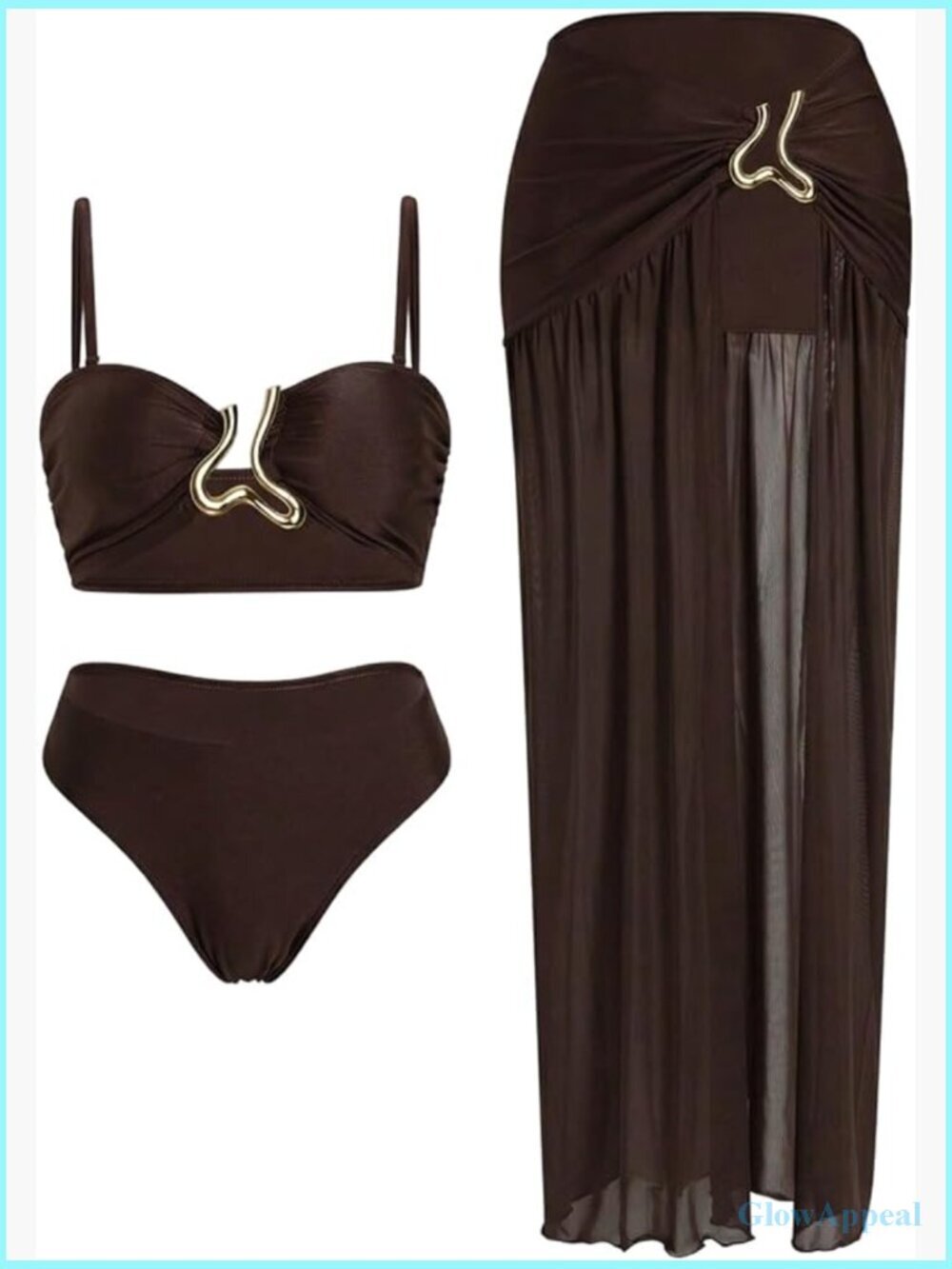3 Piece Bikini Set with Metal Cut Out Cheeky Swimsuit and Cover Up Skirt